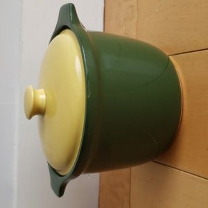 Hall Pottery Stoneware Green Dutch Oven Crock w Handle and Yellow Lid